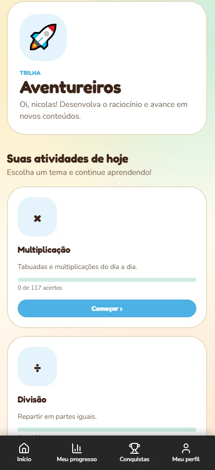 Trilha Aventureiros no app, com as atividades Multiplicação e Divisão