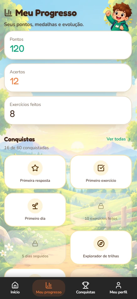 Tela Meu Progresso do app, com pontos, acertos, exercícios feitos e conquistas