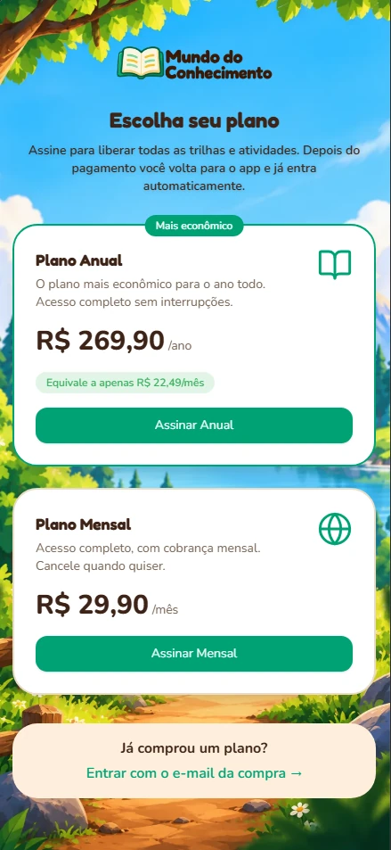 Tela Escolha seu plano no app, com o Plano Anual e o Plano Mensal